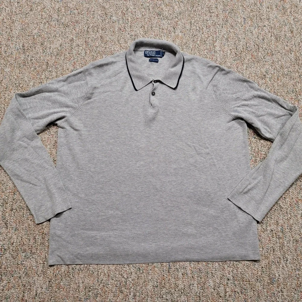Polo Ralph Lauren Knit Polo Shirt Men Large Gray Pima Cotton Long Sleeve Vintage